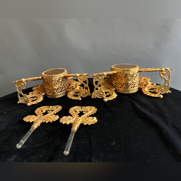 Vintage Perfume Bottle Gold Ormolu Filigree Amber Glass Hollywood Regency￼￼ - Picture 4 of 10